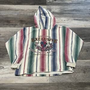 Vintage Bonjour Multicolor Women L Striped Spellout Logo Hoodie Pullover Classic